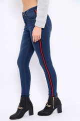 Dark Blue Denim Skinny Jeans with Side Stripes - Hana-Jeans
