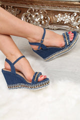 Dark Blue Denim Studded Wedges - Destina-Wedges
