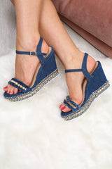 Dark Blue Denim Studded Wedges - Destina-Wedges