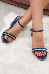 Dark Blue Denim Studded Wedges - Destina-Wedges