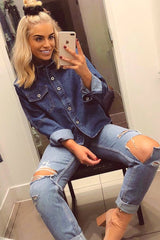 Dark Blue Dip Hem Denim Shirt - Abella-Shirts