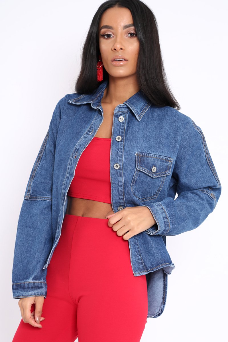 Dark Blue Dip Hem Denim Shirt - Abella-Shirts