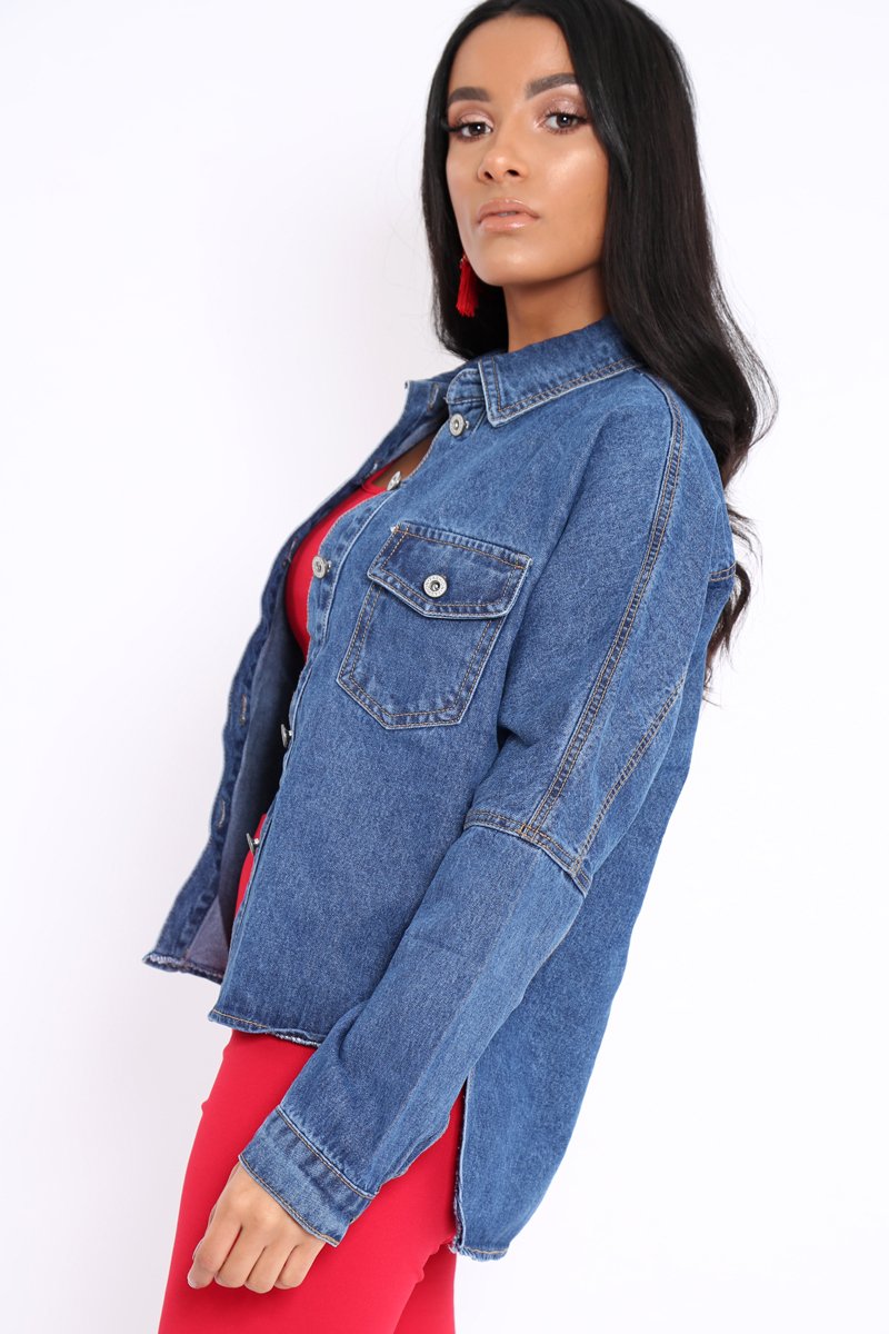 Dark Blue Dip Hem Denim Shirt - Abella-Shirts