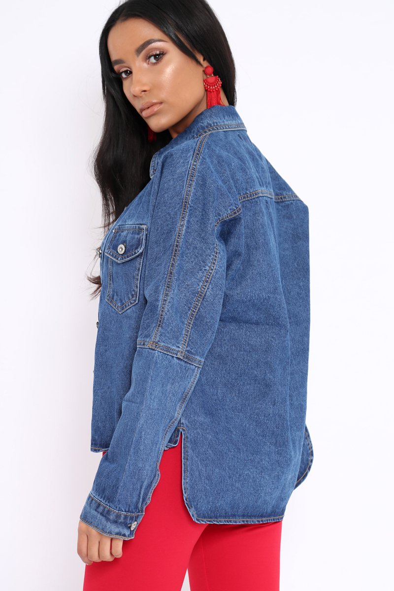 Dark Blue Dip Hem Denim Shirt - Abella-Shirts