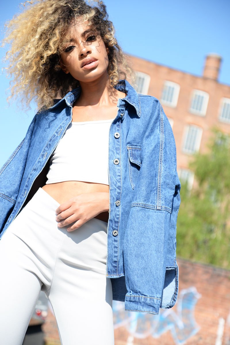Dark Blue Dip Hem Denim Shirt - Abella-Shirts