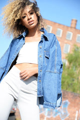 Dark Blue Dip Hem Denim Shirt - Abella-Shirts