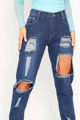 Dark Blue Distressed Leg Mom Fit Jeans - Calina-Jeans