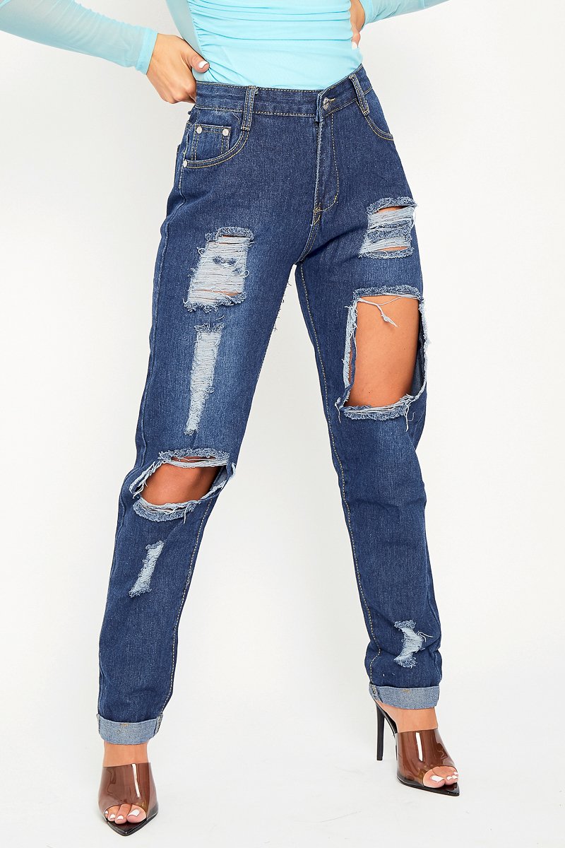 Dark Blue Distressed Leg Mom Fit Jeans - Calina-Jeans