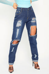 Dark Blue Distressed Leg Mom Fit Jeans - Calina-Jeans