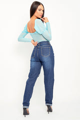Dark Blue Distressed Leg Mom Fit Jeans - Calina-Jeans