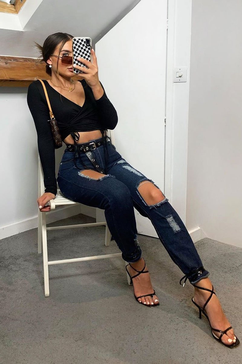 Dark Blue Distressed Leg Mom Fit Jeans - Calina-Jeans