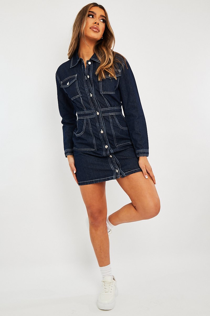 Dark Blue Long Sleeve Denim Mini Dress - Connie-Dresses