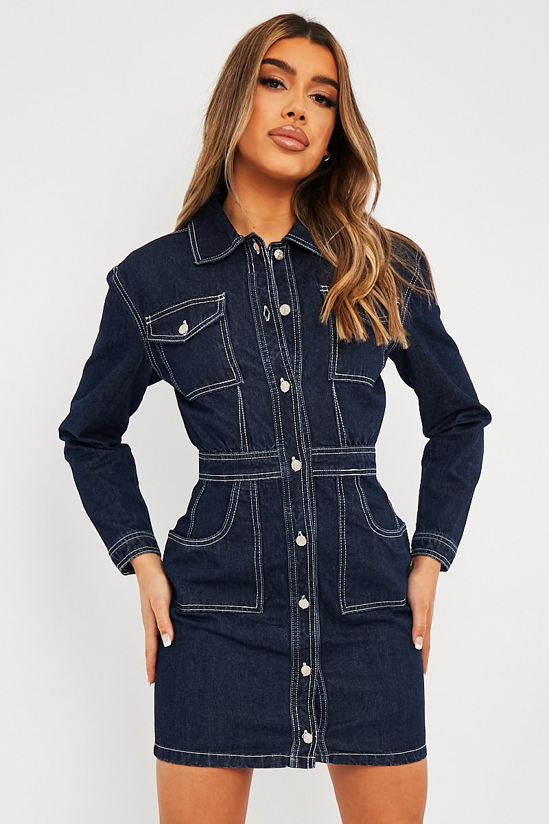 Dark Blue Long Sleeve Denim Mini Dress - Connie-Dresses