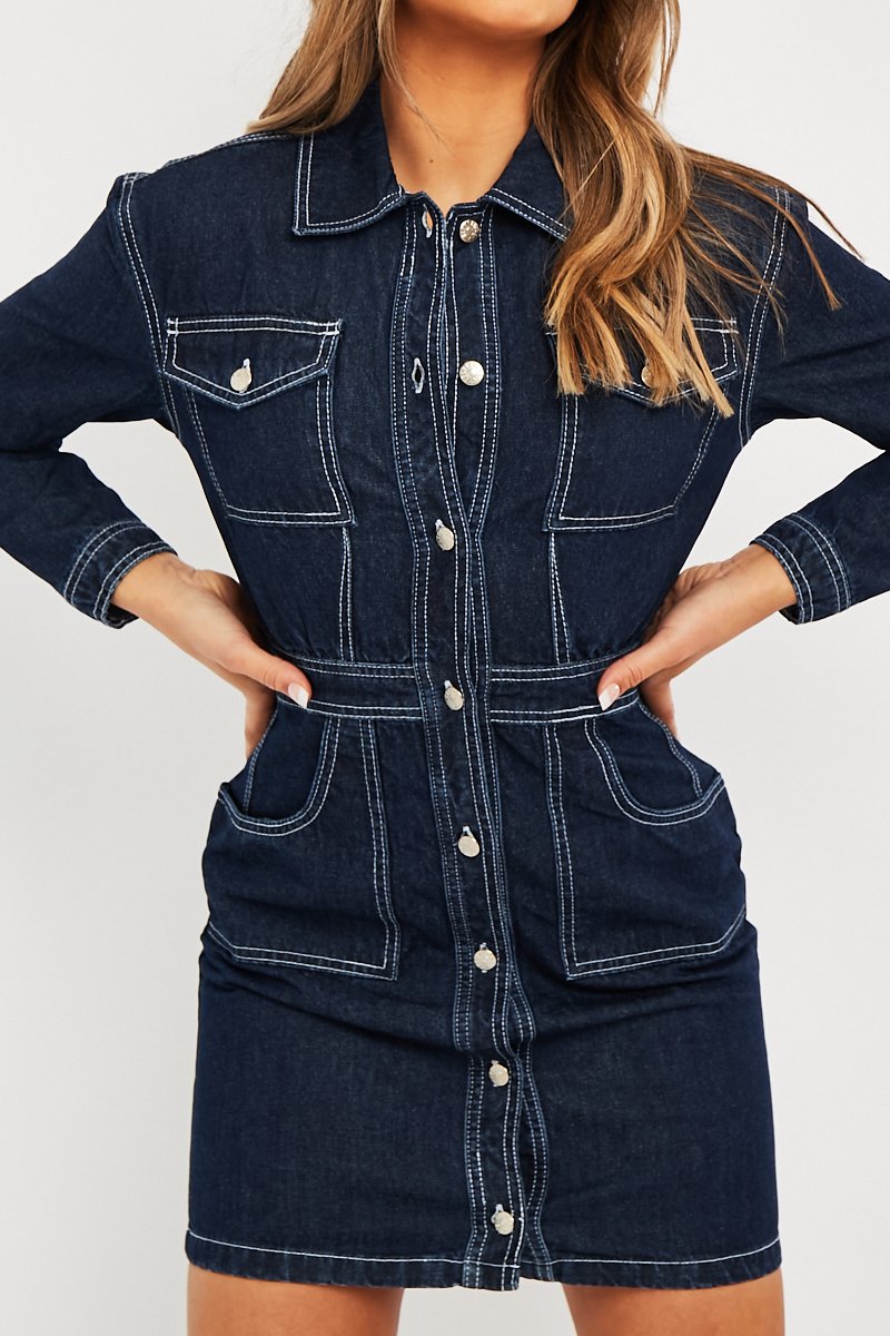 Dark Blue Long Sleeve Denim Mini Dress