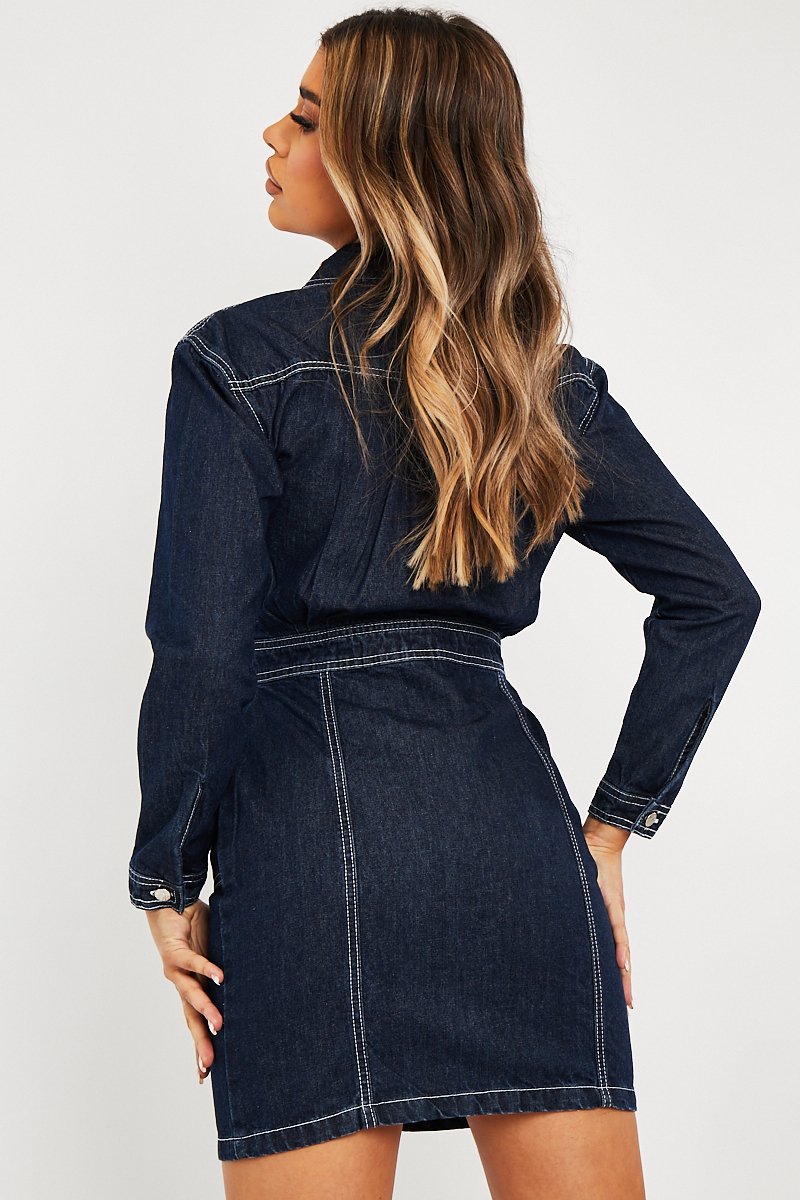 long sleeve cinch waist mini dress in dark blue denim boohoo Women's Long Sleeve Cinched Waist Denim Dress