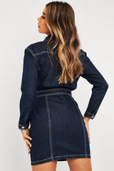 Dark Blue Long Sleeve Denim Mini Dress - Connie-Dresses