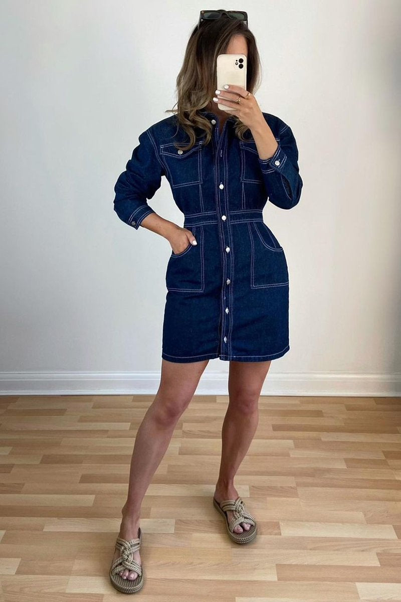 Dark Blue Long Sleeve Denim Mini Dress - Connie-Dresses