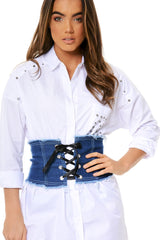 Dark Blue Ribbon Lace Up Corset Belt - Tina-Corset Belts