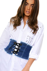 Dark Blue Ribbon Lace Up Corset Belt - Tina-Corset Belts