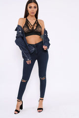Dark Blue Ripped Knee High Waist Skinny Jeans -Leeya-Jeans
