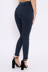 Dark Blue Ripped Knee High Waist Skinny Jeans -Leeya-Jeans