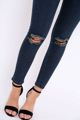 Dark Blue Ripped Knee High Waist Skinny Jeans -Leeya-Jeans