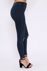 Dark Blue Ripped Knee High Waist Skinny Jeans -Leeya-Jeans