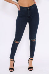 Dark Blue Ripped Knee High Waist Skinny Jeans -Leeya-Jeans