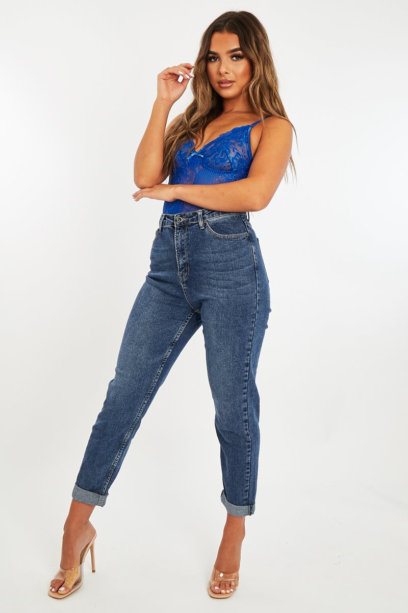 Dark Blue Rolled Hem Mom Fit Jeans - Beryl-Jeans