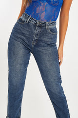 Dark Blue Rolled Hem Mom Fit Jeans - Beryl-Jeans