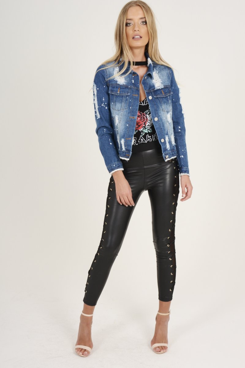 Dark Blue Splash Detail Denim Jacket - Billie-Denim Jackets
