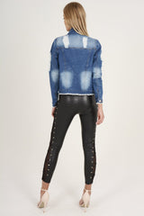 Dark Blue Splash Detail Denim Jacket - Billie-Denim Jackets