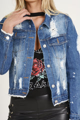 Dark Blue Splash Detail Denim Jacket - Billie-Denim Jackets