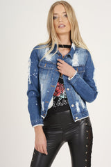 Dark Blue Splash Detail Denim Jacket - Billie-Denim Jackets
