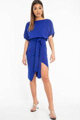 Dark Blue Tie Waist Front Split Batwing Dress - Ranessa-Dresses