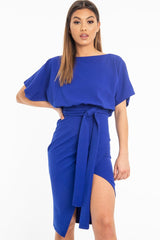 Dark Blue Tie Waist Front Split Batwing Dress - Ranessa-Dresses