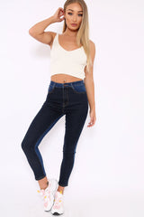 Dark Blue Two Tone Contrast Skinny Jeans - Zakira-Jeans