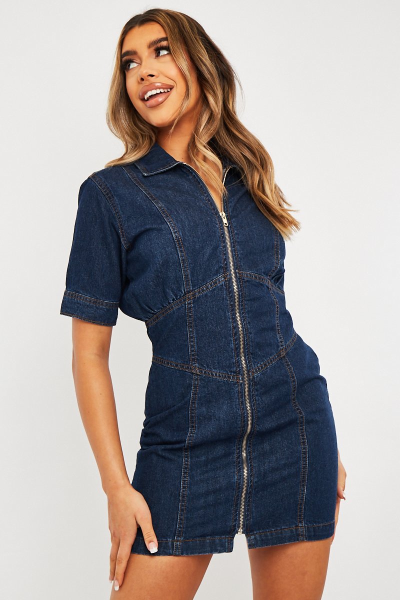 Dark Blue Zip Front Collar Denim Mini Dress - Esabella-Dresses