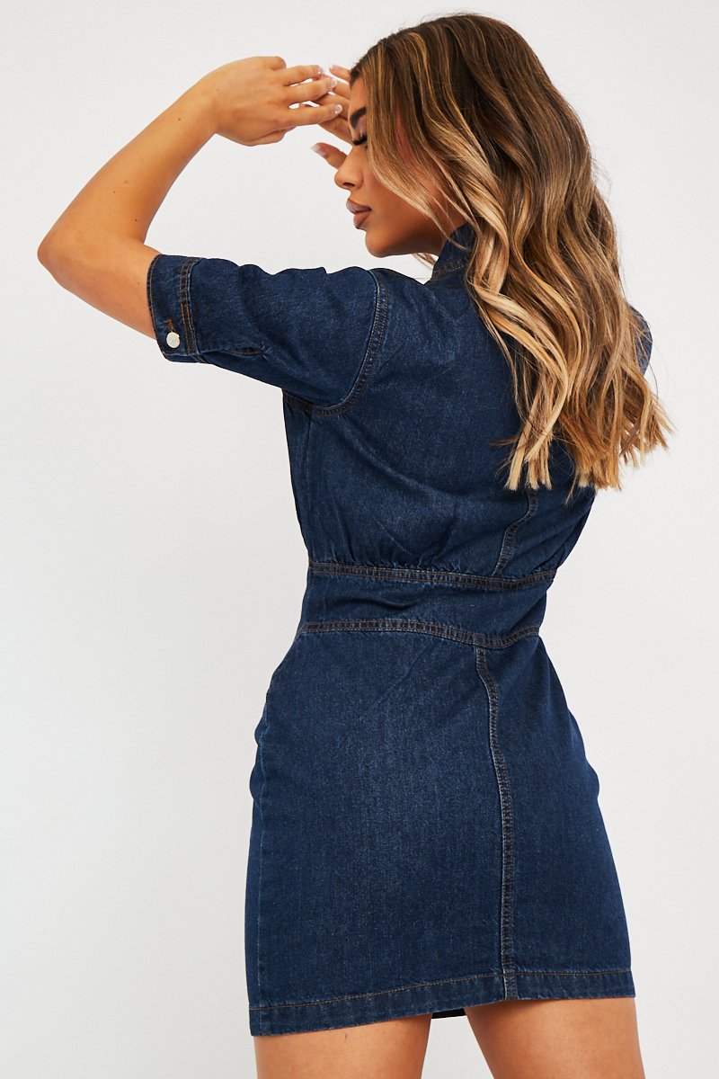 Dark Blue Zip Front Collar Denim Mini Dress - Esabella-Dresses