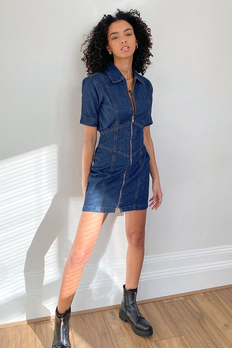 Dark Blue Zip Front Collar Denim Mini Dress Dark Blue Zip Front Collar Denim Mini Dress