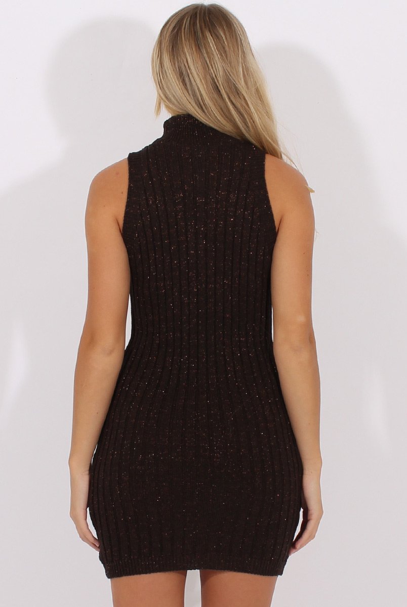 Dark Brown Sparkle Knitted Turtleneck Dress - Mila-Dresses