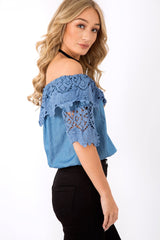Dark Denim Bardot Crochet Top - Carley-Tops