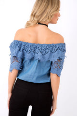 Dark Denim Bardot Crochet Top - Carley-Tops