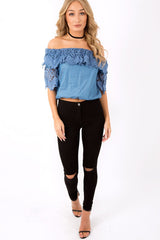 Dark Denim Bardot Crochet Top - Carley-Tops