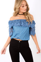 Dark Denim Bardot Crochet Top - Carley-Tops