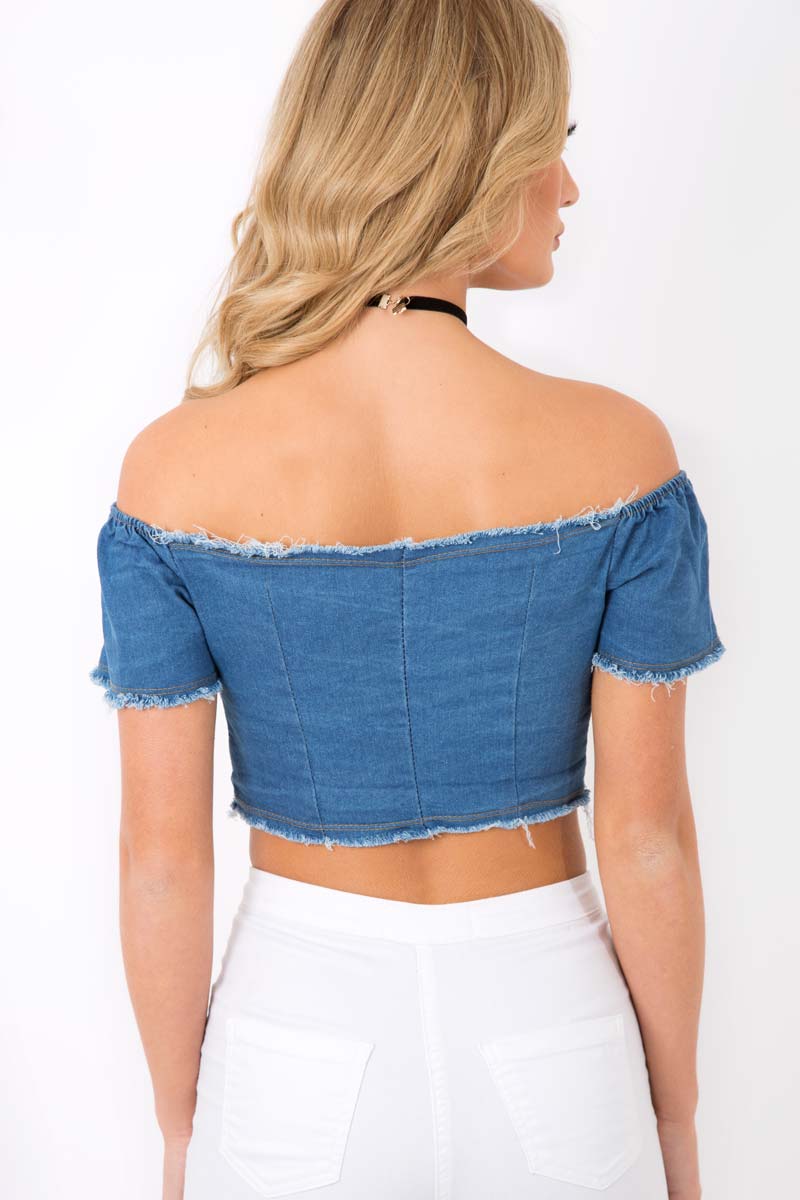 Dark Denim Bardot Lace Up Crop Top - Rochella-Crop Tops