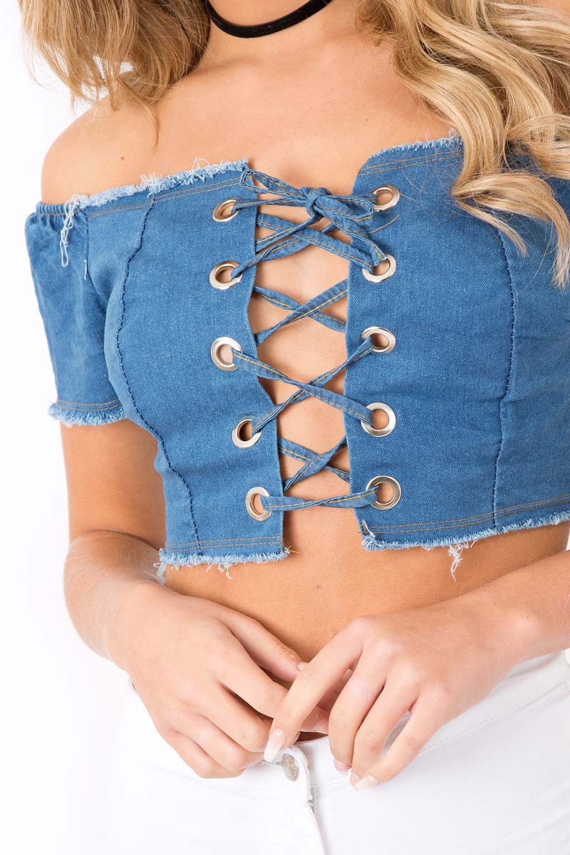Dark Denim Bardot Lace Up Crop Top - Rochella-Crop Tops