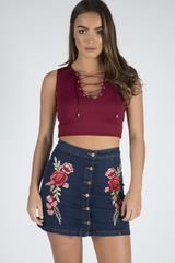 Dark Denim Embroidered Button Up Skirt - Grace-Skirts