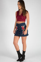 Dark Denim Embroidered Button Up Skirt - Grace-Skirts