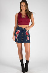 Dark Denim Embroidered Button Up Skirt - Grace-Skirts